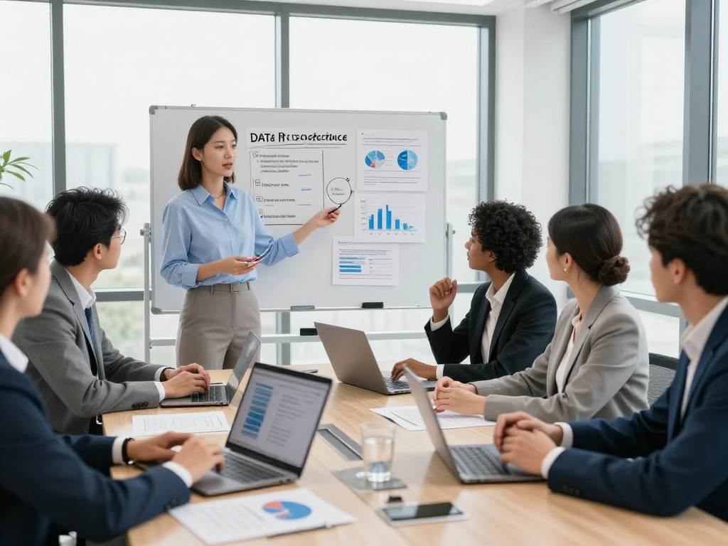 Datenschutzdienstleistung: Team erarbeitet Strategien zur Datensicherheit in modernem Büro.