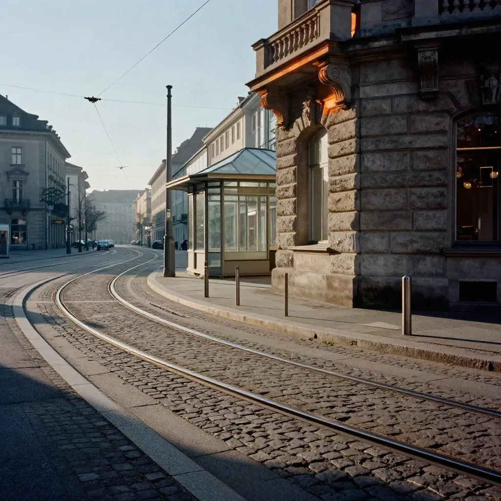 Ruhige Münchner Straßenecke mit Tramgleisen, Sandsteinfassade und Glaspavillon im Morgenlicht
