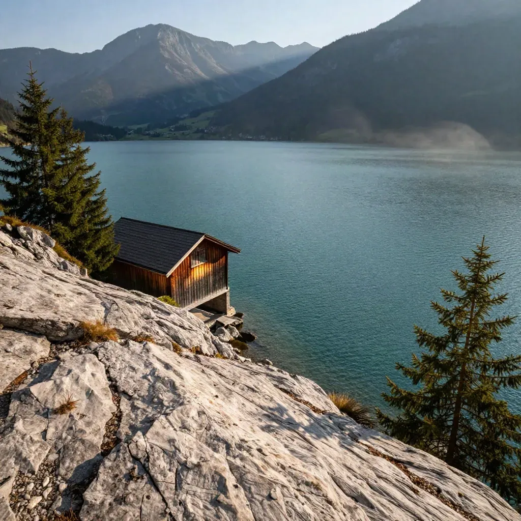 Türkisgrüner Bergsee mit Bootshaus, Felsen und Fichten unter dramatischem Licht.