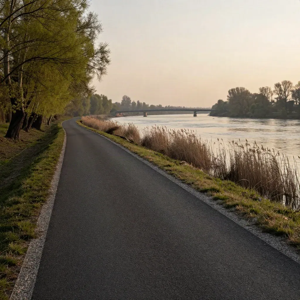 Ruhiger Donau-Radweg am Ufer mit Bäumen, Fluss und Brücke im Dunst.